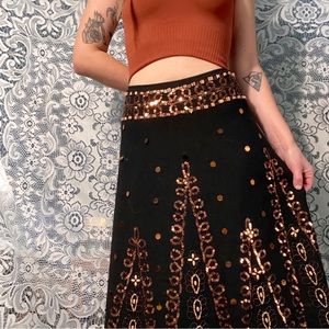 Anthropologie Basil & Maude Bronze Sequin/Wood Bead Embellished Midi Skirt